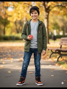 ✨️NWOT✨️Boys Olive Green Zip-Up Hoodie with Orange Accents Size-Large